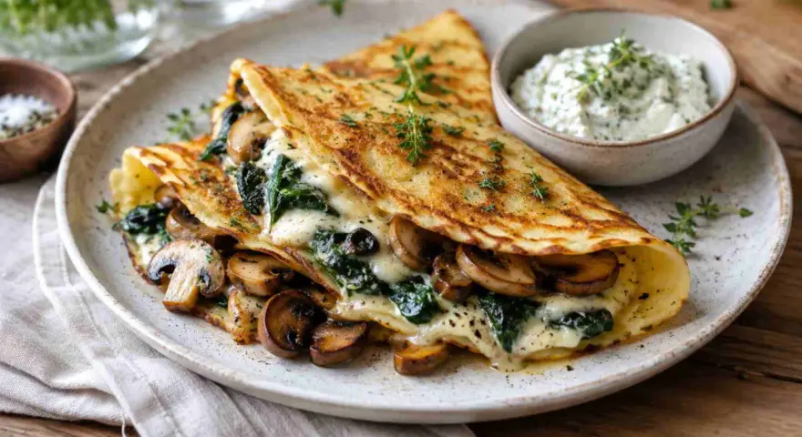 Herzhafte Pfannkuchen gefüllt mit Spinat und Pilzen, überbacken mit Käse, serviert mit Kräuterquark.
