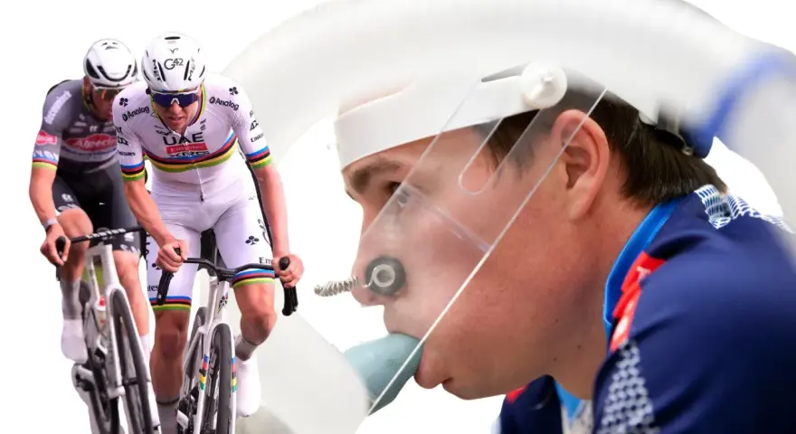 Cyclists training to improve their cycling VO2 max, with one wearing a mask for testing.