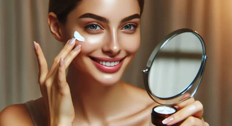 Une femme applique une crème hydratante, cherchant le meilleur correcteur pour ses cernes marrons. Elle se regarde dans un miroir.