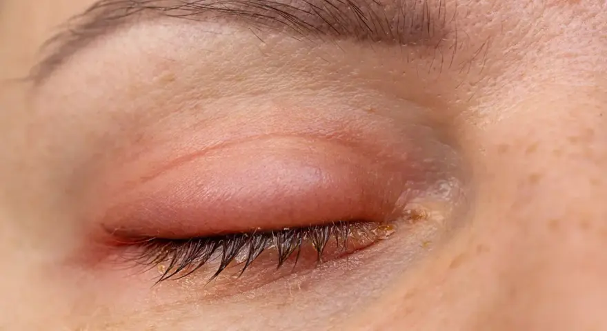 Ojo hinchado al despertar, con enrojecimiento e irritación en el párpado.
