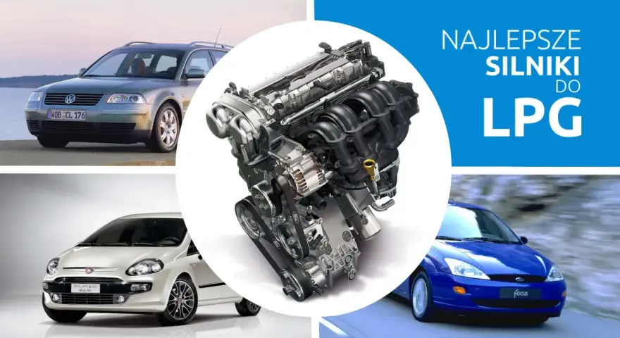 Najlepsze silniki do LPG: Volkswagen Passat, Fiat Punto, Ford Focus i szczegółowy widok jednostki napędowej.