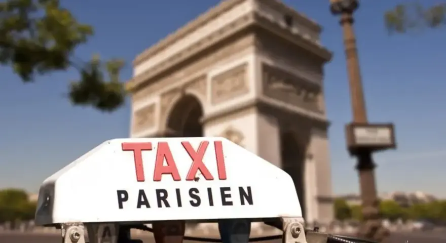 Un taxi parisien con el Arco del Triunfo de fondo.