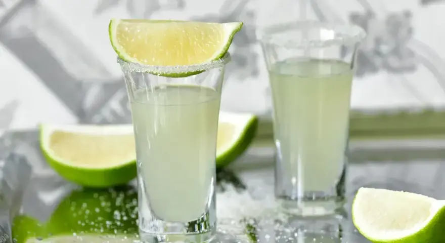 Wściekłe psy drink jak zrobić: dwa kieliszki z solą i limonką, obok ćwiartki limonki.
