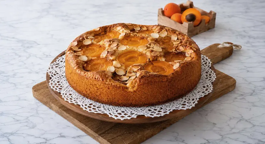 Un délicieux gâteau aux abricots, garni d'amandes effilées, est présenté sur une planche en bois.