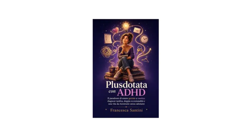 Ragazza pensierosa su libri, circondata da simboli di idee e caos. Copertina libro "Plusdotata con ADHD", che esplora il paradosso di essere geniale e caotica.
