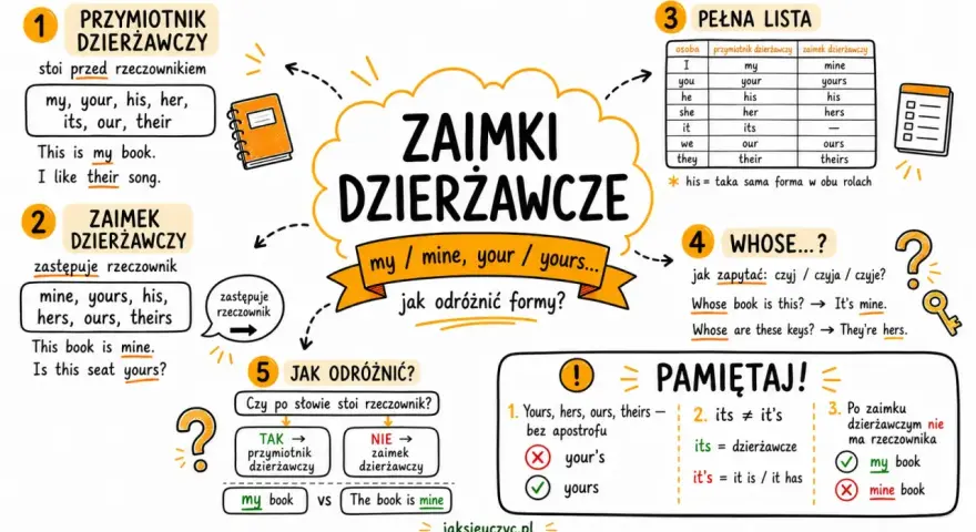 Zaimki dzierżawcze angielski: my/mine, your/yours. Jak odróżnić formy? Przymiotniki (my book) stoją przed rzeczownikiem, zaimki (mine) go zastępują.