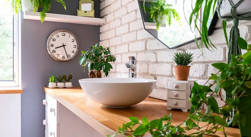 Comment décorer une salle de bain : un lavabo rond sur un meuble en bois, entouré de plantes vertes luxuriantes et d'un miroir mural.