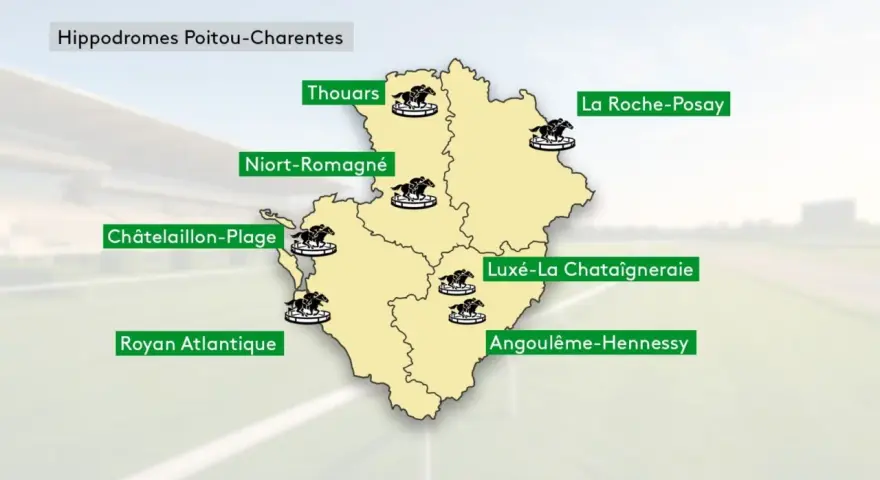 Carte des hippodromes en Poitou-Charentes : Thouars, Niort, La Roche-Posay, Châtelaillon, Luxé, Royan, Angoulême. Combien d'hippodrome en France ?