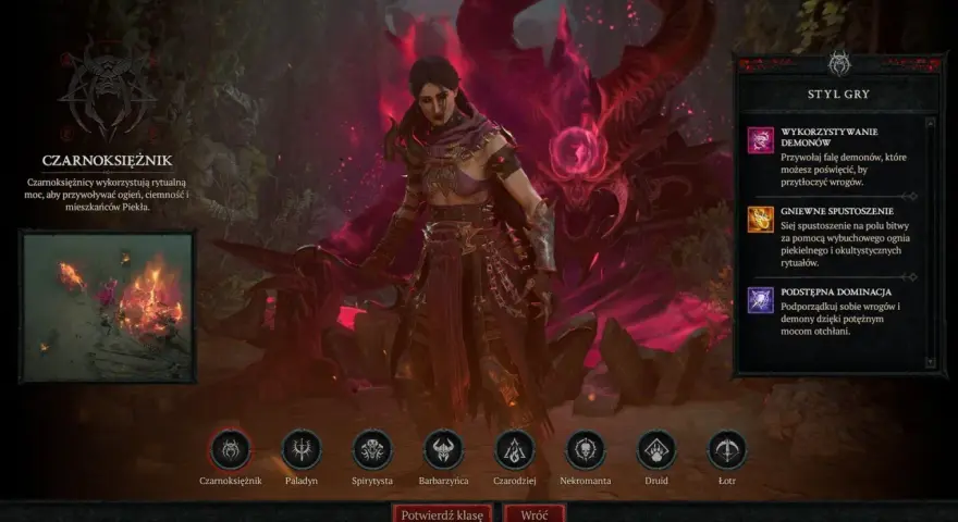 Postać czarnoksiężniczki z Diablo 4 na tle demonicznych macek i płomieni.
