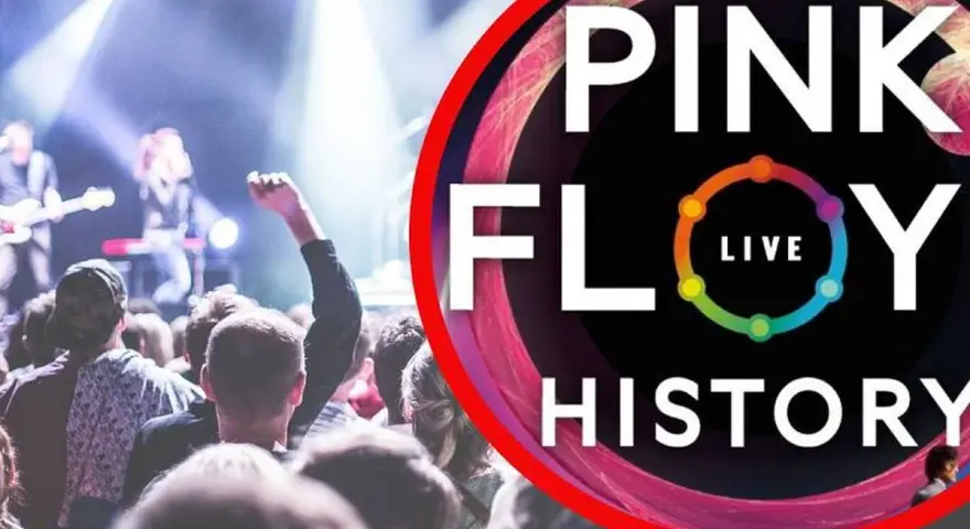 Koncertowa atmosfera, tłum na koncercie, logo "Pink Floyd Live History". Marzenie o Pink Floyd w Polsce staje się rzeczywistością.