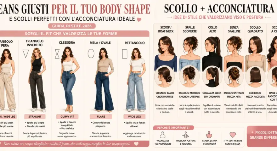 Guida ai jeans perfetti per ogni body shape, con consigli su scollature e acconciature per valorizzare il tuo stile. Trova il fit ideale per la tua figura, come i modelli cargo o flare, per sentirti al meglio.