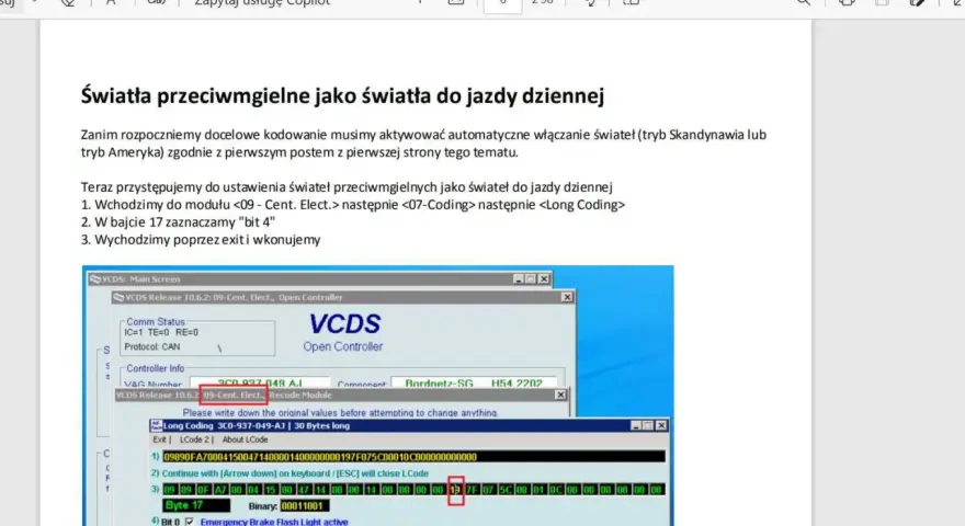 Ekran programu VCDS z instrukcją kodowania świateł przeciwmgielnych jako dziennych.