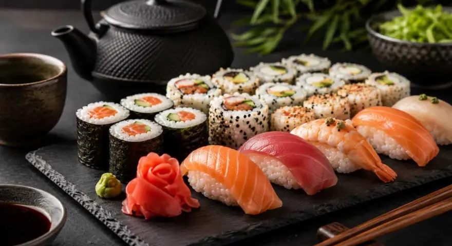 Piękna taca z sushi: rolki z łososiem, tuńczykiem, krewetką, nigiri i dodatkami. Obok czajniczek i miseczka z sosem. Idealna zaprawa do sushi.
