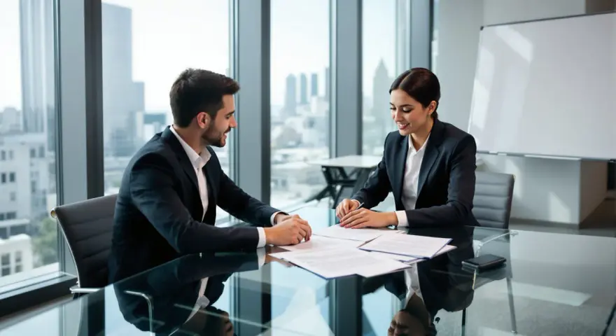 Un homme et une femme en costume discutent de documents. Ils semblent discuter de le piège du licenciement pour inaptitude.