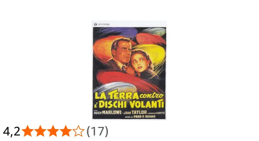 Locandina del film "La Terra contro i dischi volanti", con una coppia spaventata circondata da dischi volanti colorati.