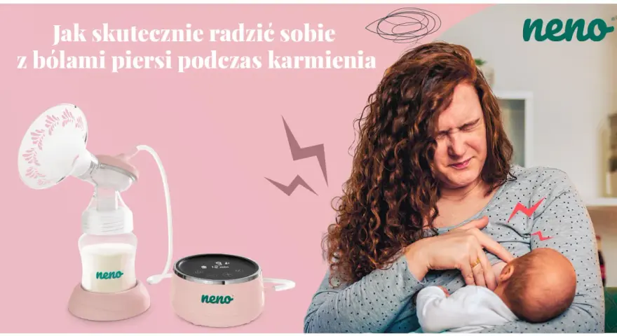 Kobieta z bólem piersi podczas karmienia piersią. Obok laktator Neno, który może pomóc złagodzić dyskomfort.