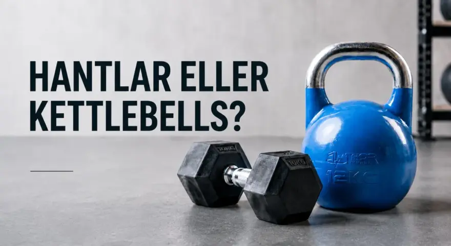 En blå kettlebell och en svart hantel ligger på ett betonggolv. Texten "Hantlar eller Kettlebells?" syns i bakgrunden. Ett kettlebell program kan använda båda.