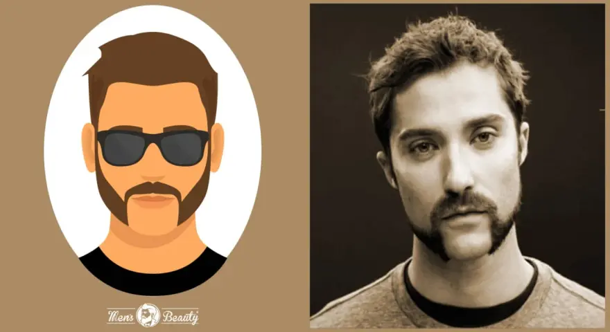 Ilustración y foto de hombre con corte de patillas y barba de chivo.