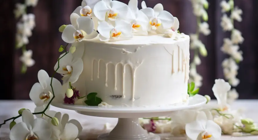 Elegancki tort komunijny boho ozdobiony białymi orchideami i kremowym lukrem z efektem spływania.