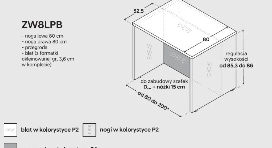 Wymiary szafki: głębokość 52,5 cm, szerokość wyspy kuchennej 80 cm. Regulacja wysokości od 85,3 do 86 cm.
