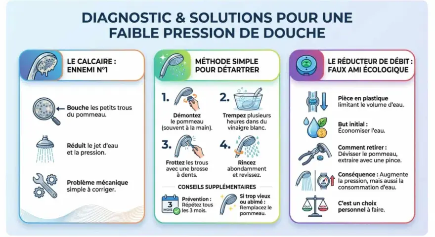 Diagnostic et solutions pour une faible pression de douche : le calcaire bouche les trous du pommeau. Pour déboucher douche, démontez, trempez dans vinaigre, frottez et rincez.