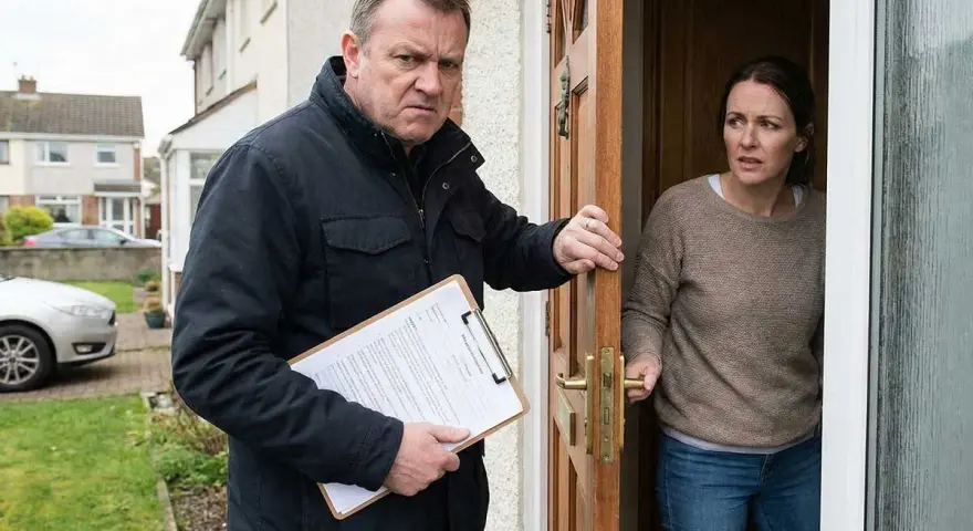 Mężczyzna z teczką stoi przy drzwiach, a kobieta otwiera je z niepokojem. Czy to początek historii o tym, jak pozbyć się windykatora terenowego?