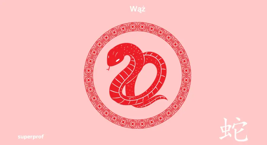 Czerwony wąż w okręgu z chińskimi wzorami, symbol zodiaku chińskiego. Obok znak chiński oznaczający węża.