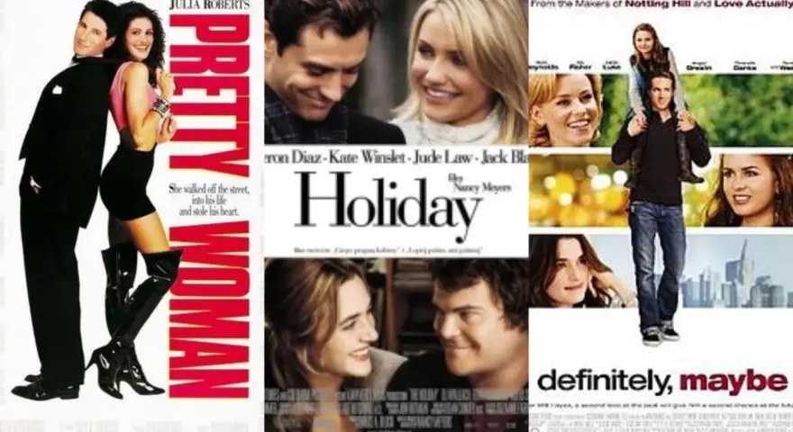 Plakaty filmowe: "Pretty Woman", "Holiday" i "Definitely, Maybe" – klasyczne komedie romantyczne.