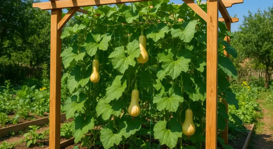 Zucchine trombetta pendono da una rete sotto una pergola in legno, pronte per essere raccolte.