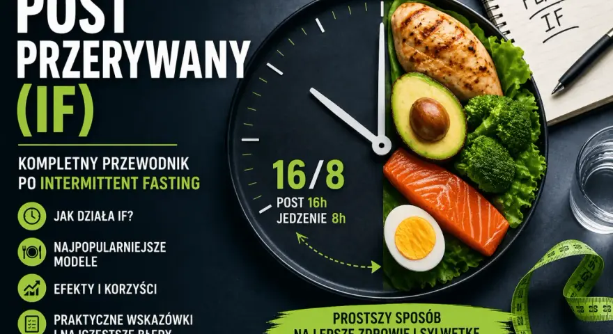 Talerz w kształcie zegara z jedzeniem symbolizuje dietę imitującą post (IF) 16/8. Obok notatnik z napisem "PLAN IF".