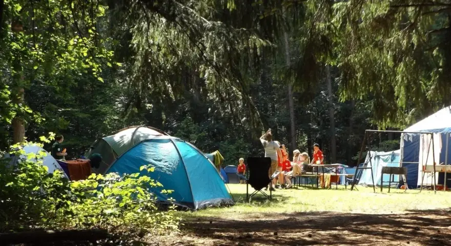 Słoneczny dzień na kempingu. Ludzie siedzą przy stole, rozmawiają, a obok rozstawione są namioty.