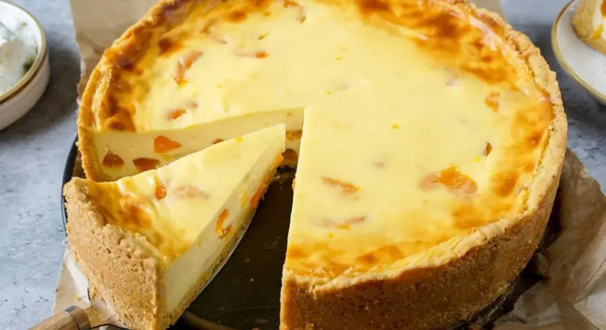 Ein saftiger Mandarinen Schmand Kuchen mit einem knusprigen Boden und cremiger Füllung, verziert mit saftigen Mandarinenstücken.