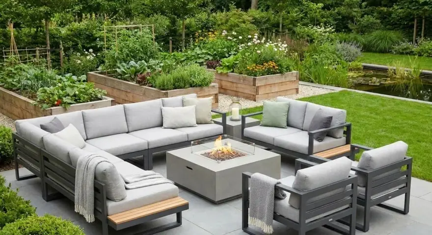 Moderne lounge ecke garten ideen: graue Sitzgruppe mit Feuerstelle, umgeben von Hochbeeten und Teich.