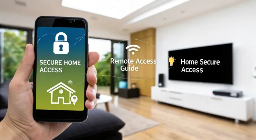 A hand holds a smartphone displaying "Secure Home Access," illustrating how IoT devices are remotely controllable for a safe and connected living space.
