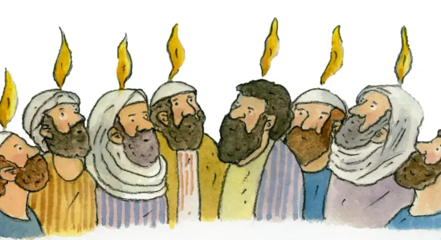 Aquarellzeichnung von Männern mit Bärten und Flammen über ihren Köpfen, die an Pfingsten in der Bibel erinnert.
