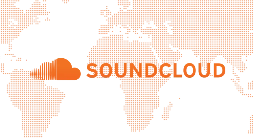 Weltkarte aus orangefarbenen Punkten mit dem SoundCloud-Logo und dem Schriftzug. Die globale Reichweite von SoundCloud-Statistiken wird hervorgehoben.