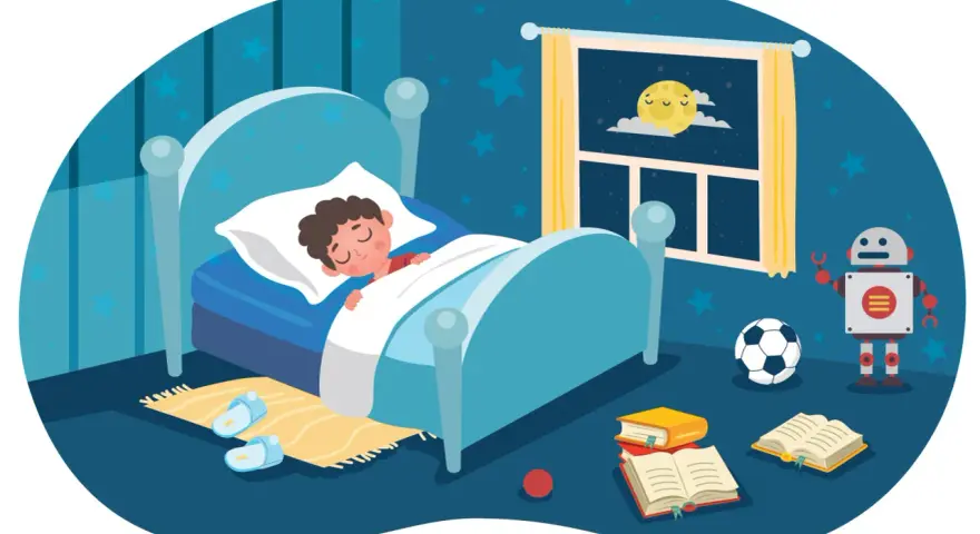 A boy sleeps peacefully in bed, dreaming of a robot, soccer ball, and books. A sweet prayer for tonight.
