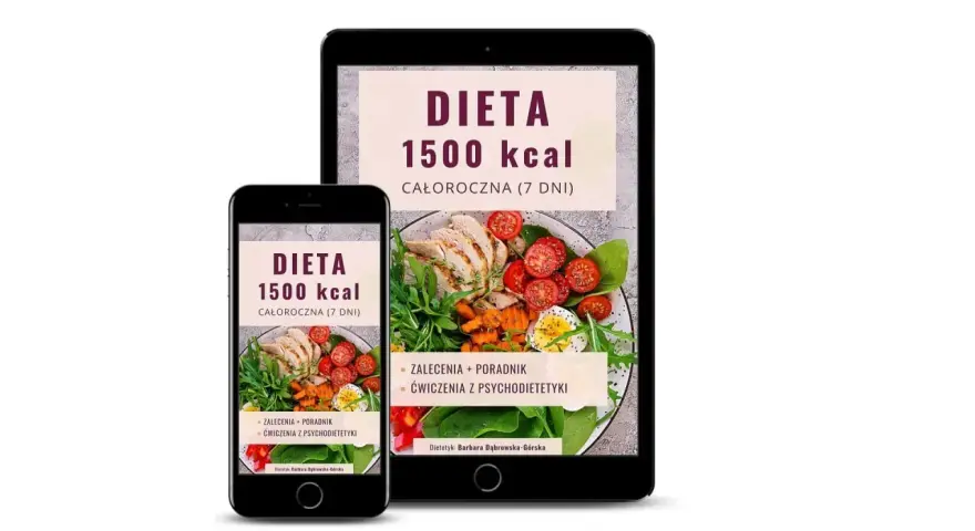 Na ekranach telefonu i tabletu widoczna jest dieta 1500 kcal. Oferuje całoroczne posiłki, zalecenia, porady i ćwiczenia z psychodietetyki.