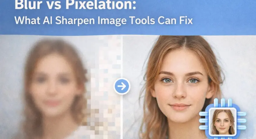Jämförelse av suddig och pixlad bild av en kvinna, där AI-verktyg förbättrar pixlar till en skarpare bild.
