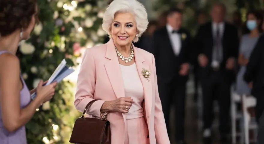 Élégante femme de 75 ans, radieuse dans sa tenue de mariage rose poudré, collier de perles et broche scintillante.