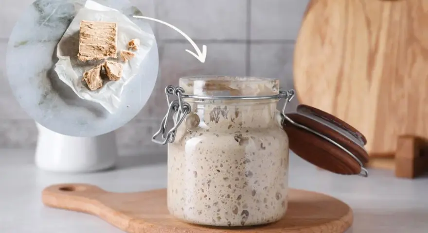 Ein Glas mit blubberndem Sauerteig, daneben frische Hefe. Die Frage: wie lange muss sauerteig gehen?