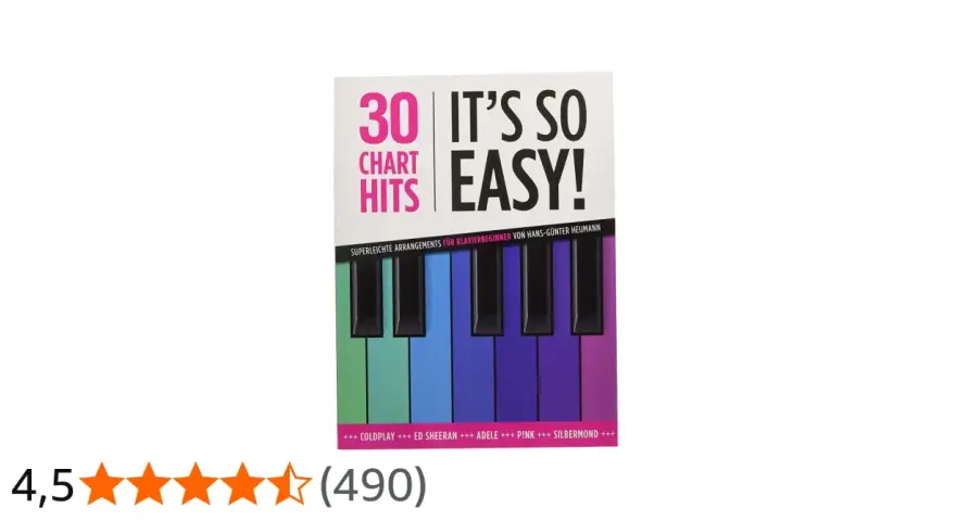 Notenbuch "30 Chart Hits Easy!" mit Klaviertasten-Design. Ideal, um zu lernen, wie man Lieder schreibt und spielt.