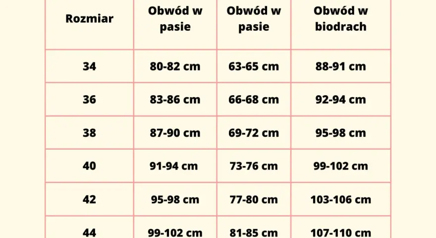 Tabela rozmiarów od 34 do 44. Rozmiar 40 odpowiada obwodowi w pasie 91-94 cm i biodrach 99-102 cm.