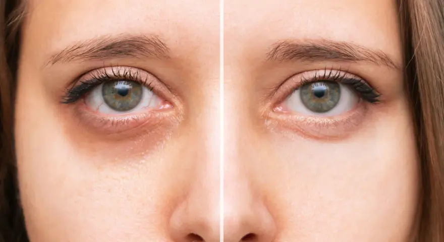 Avant/après : correction des cernes grâce à la colorimétrie et au maquillage.