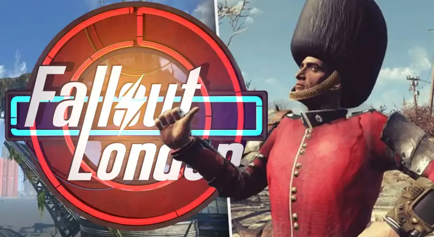 Un soldado con uniforme de guardia real británico, con un sombrero alto y un traje rojo, posa frente al logo de Fallout London.