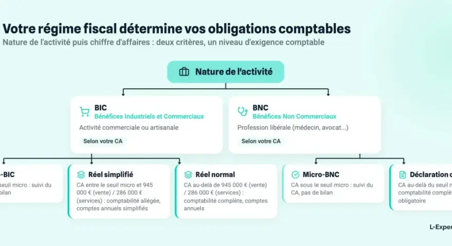 Schéma expliquant les régimes fiscaux selon la nature d'activité (BIC, BNC) et le seuil micro pour un avocat.