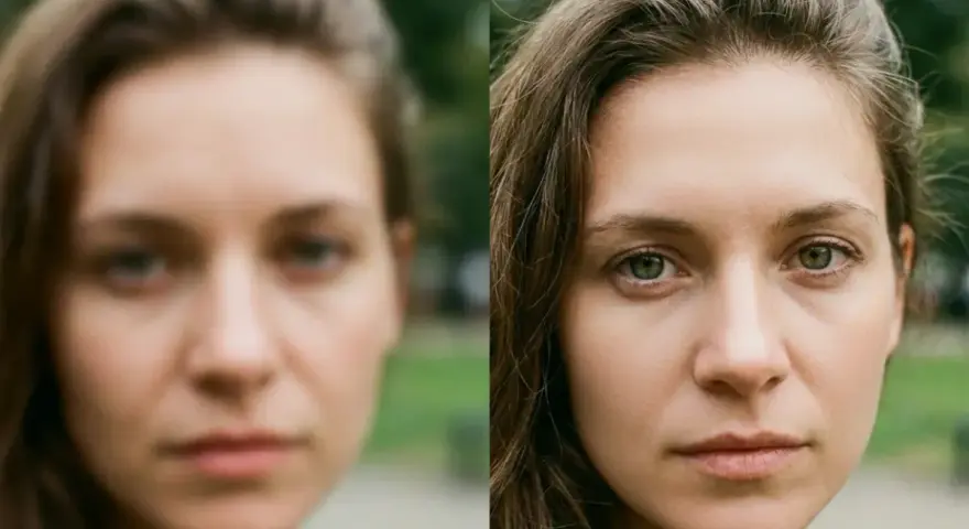 Comparaison avant/après : une photo floue d'une femme devient nette, révélant ses yeux verts et la texture de sa peau.