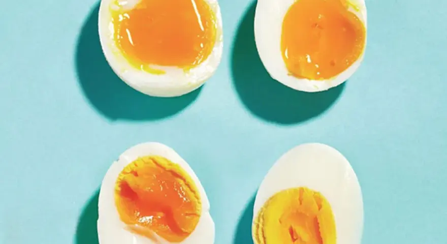 Quatre moitiés d'oeuf à la coque sur fond bleu. Deux ont un jaune coulant, les autres un jaune plus ferme.