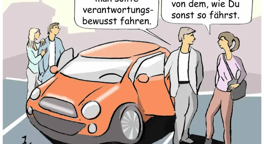 Zwei Paare stehen neben einem orangefarbenen Auto. Einer sagt: "Ich finde, man sollte verantwortungsbewusst fahren." Der andere erwidert: "Also das Gegenteil von dem, wie Du sonst so fährst." Hier kann man den Massepunkt Auto finden.