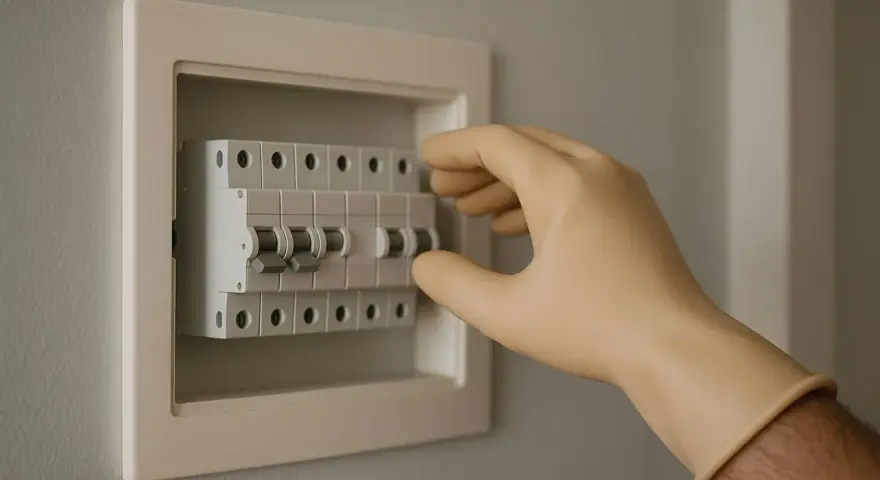 Mano con guante manipulando un magnetotérmico en un cuadro eléctrico.